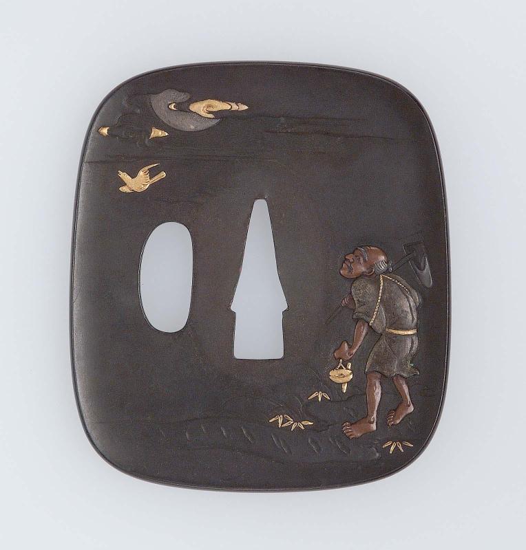Tsuba with design of farmer, bird and moon