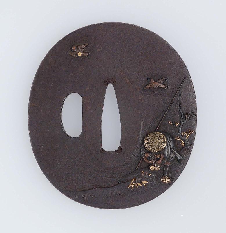 Tsuba with design of a fisherman tying on his sandals