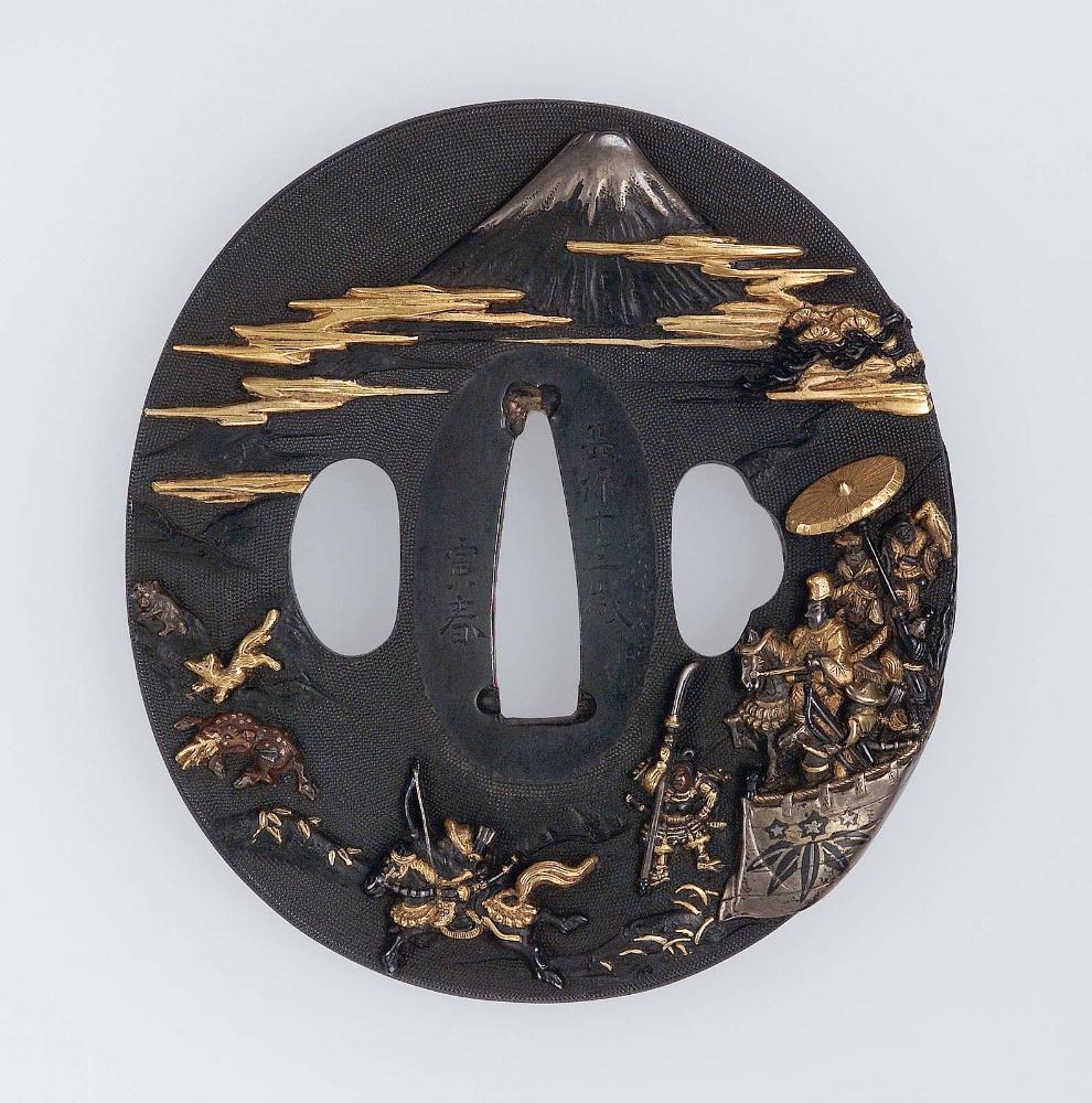 Tsuba with design of Yoritomo's hunt under Mount Fuji