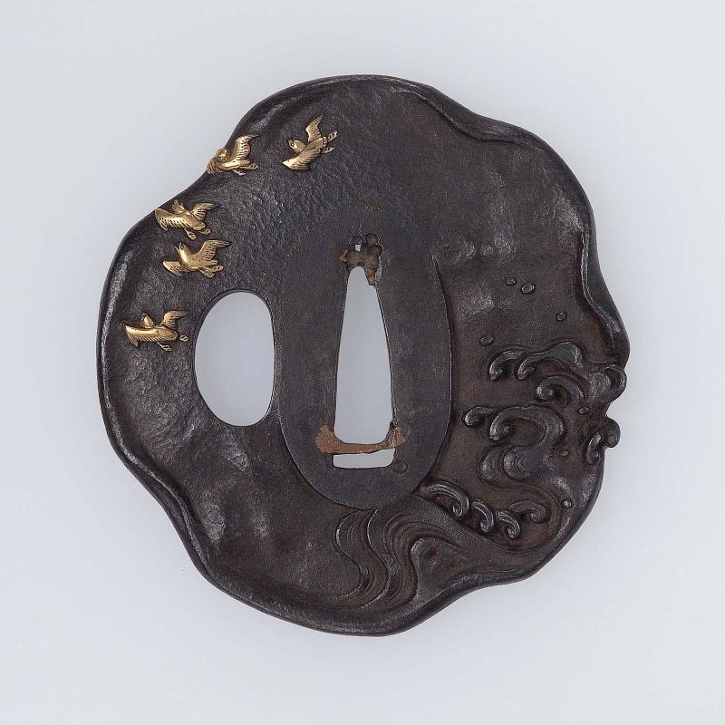 Tsuba with design of chidori and waves