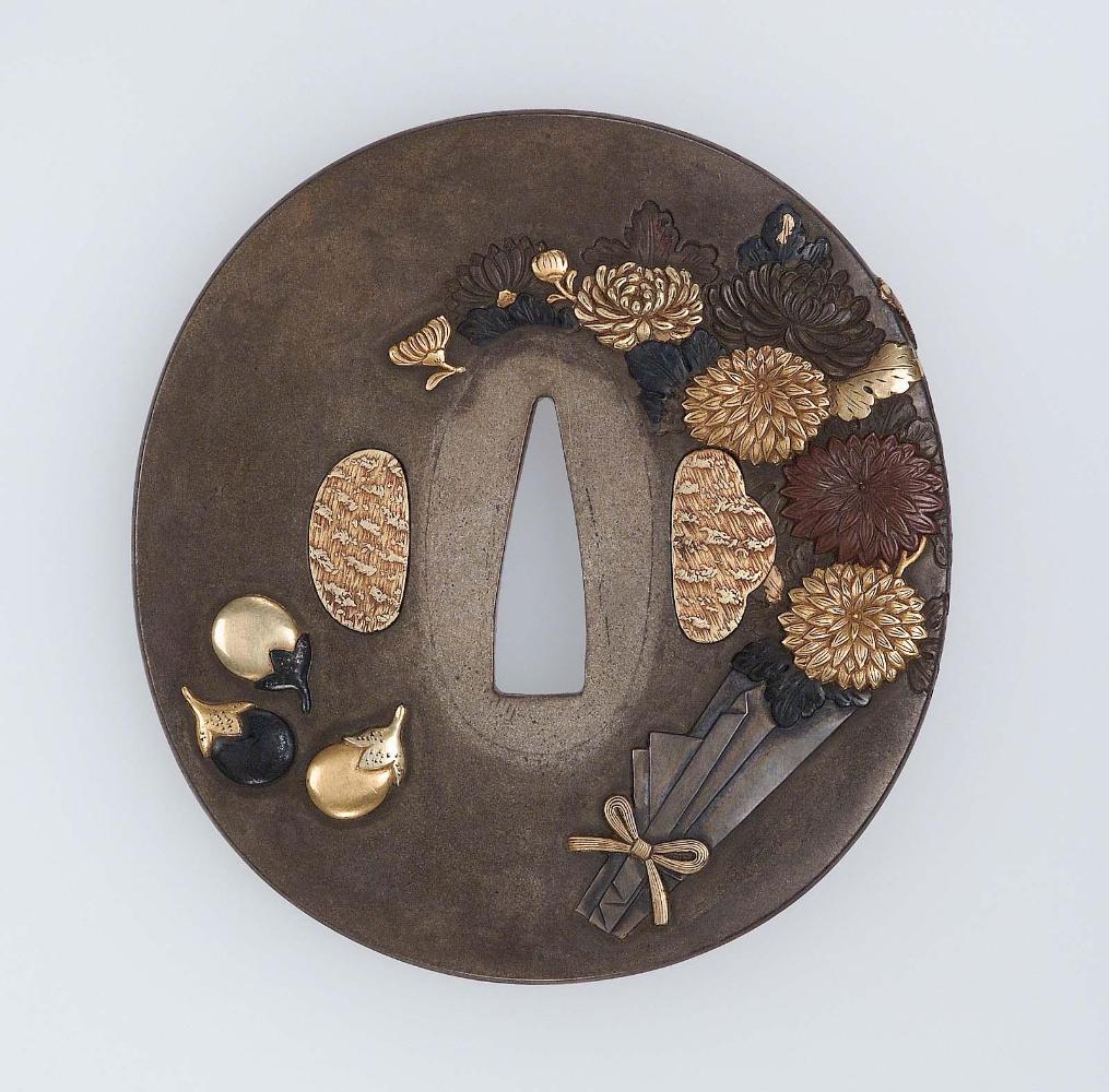 Tsuba with design of chrysanthemums and aubergines