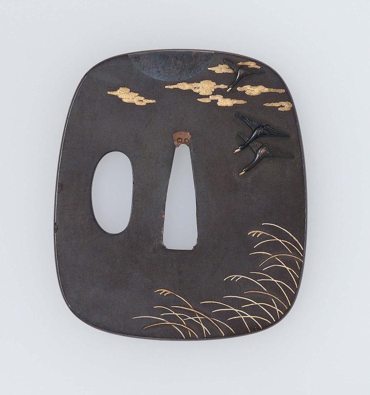 Tsuba with design of descending geese, moon and reeds