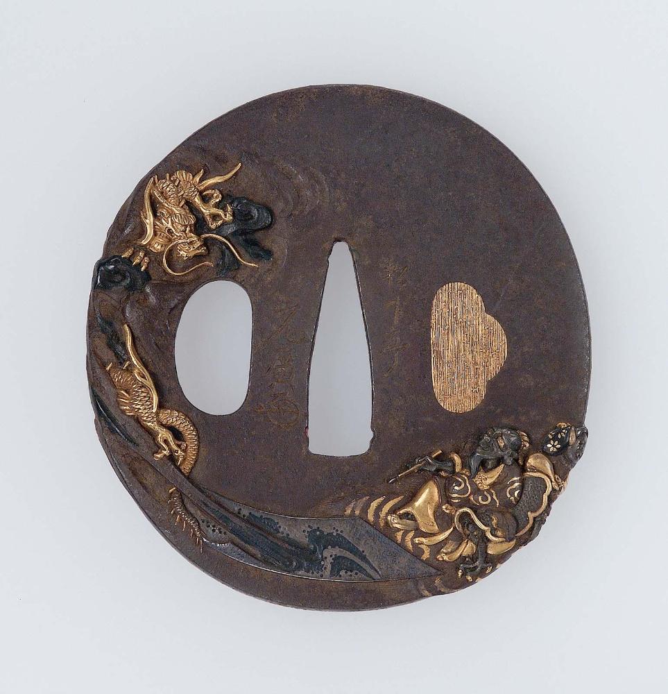 Tsuba with design of the Chinese painters Cho Soyo (Zhang Sengyu) or Wu Daozi (Go Doshi) confronted by a dragon which has come to life from one of his pictures