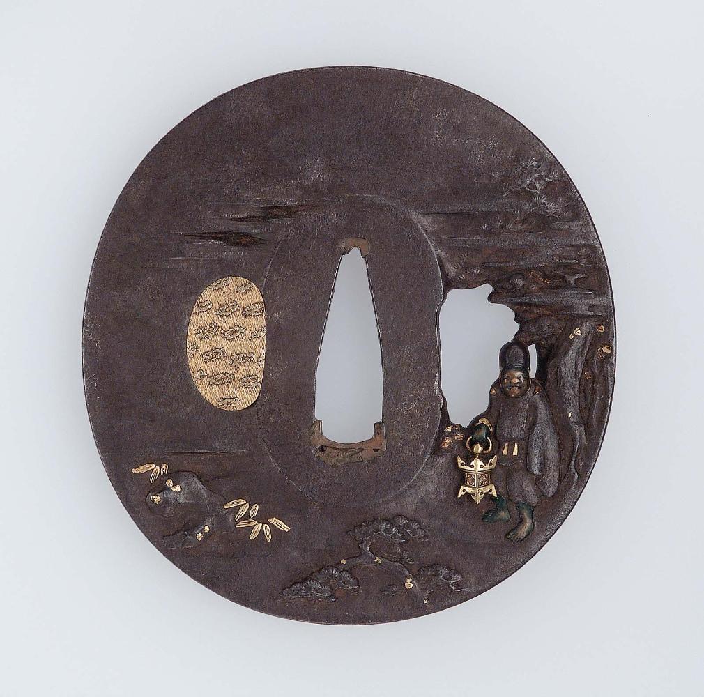 Tsuba with design of shrine attendant with a lantern