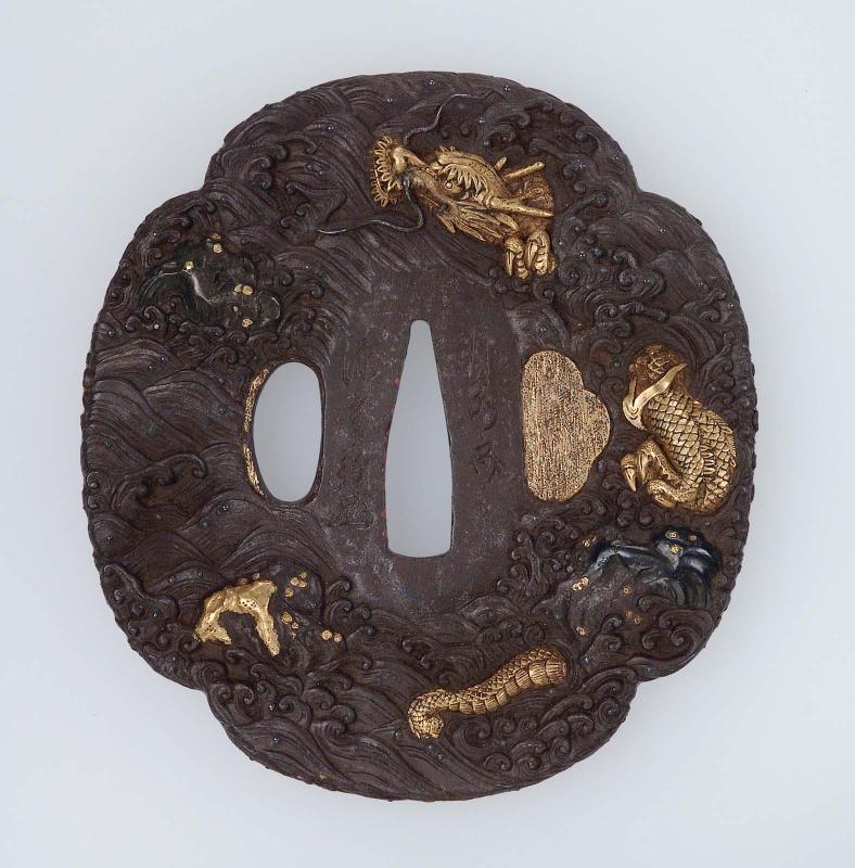 Tsuba with design of dragon and waves