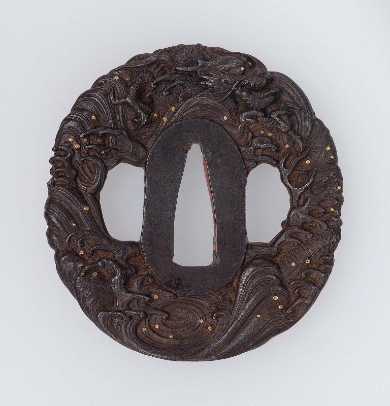 Tsuba with design of dragon and waves