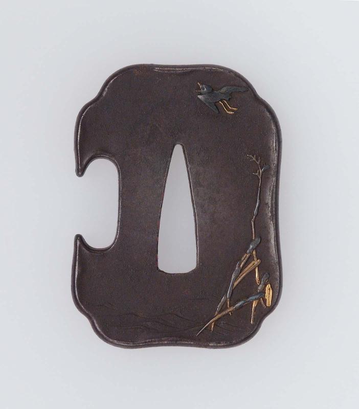 Tsuba with design of bird, reeds and moon's reflection