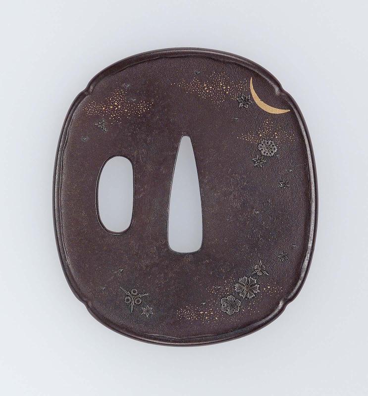 Tsuba with design of stylized snowflakes and moon