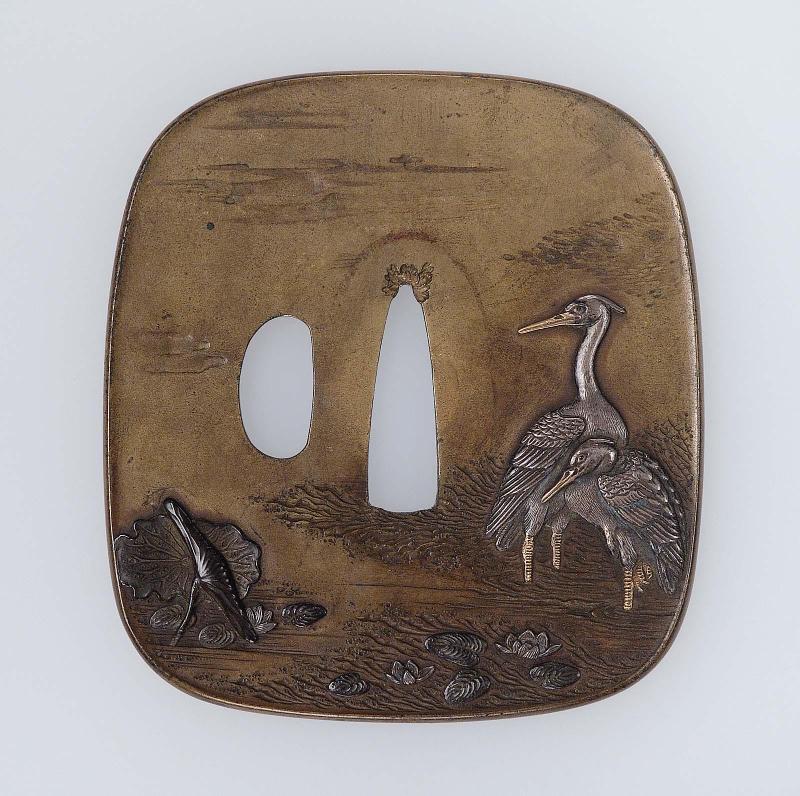 Tsuba with design of egrets and lotus pond