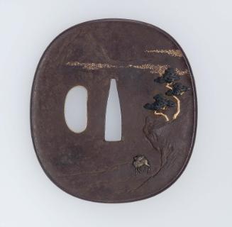 Tsuba with design of mountain landscape with deer