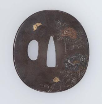 Tsuba with design of peonies and butterflies