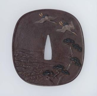 Tsuba with design of cranes and pine-clad shore