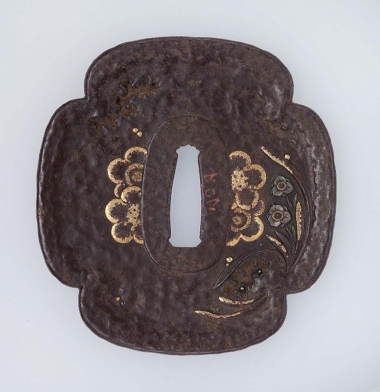 Tsuba with design of plum and narcissus