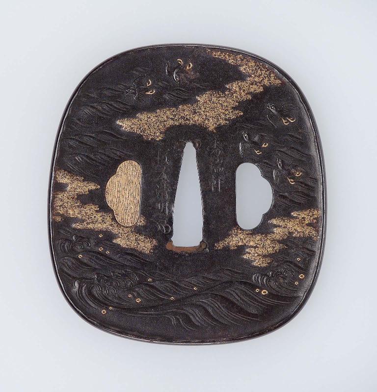 Tsuba with design of chidori, waves and clouds