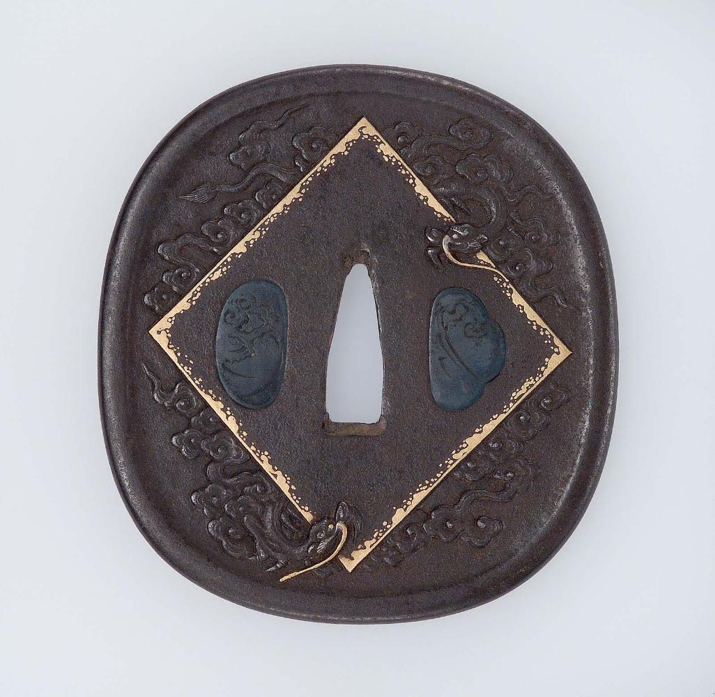 Tsuba with design of dragons and clouds around a lozenge shape