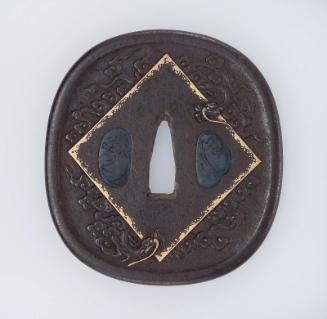 Tsuba with design of dragons and clouds around a lozenge shape