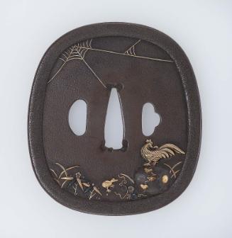 Tsuba with design of cockerel on drum, spiderweb, drumstick, bird and plants