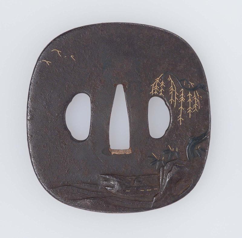 Tsuba with design of fisherman and willow