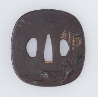 Tsuba with design of fisherman and willow