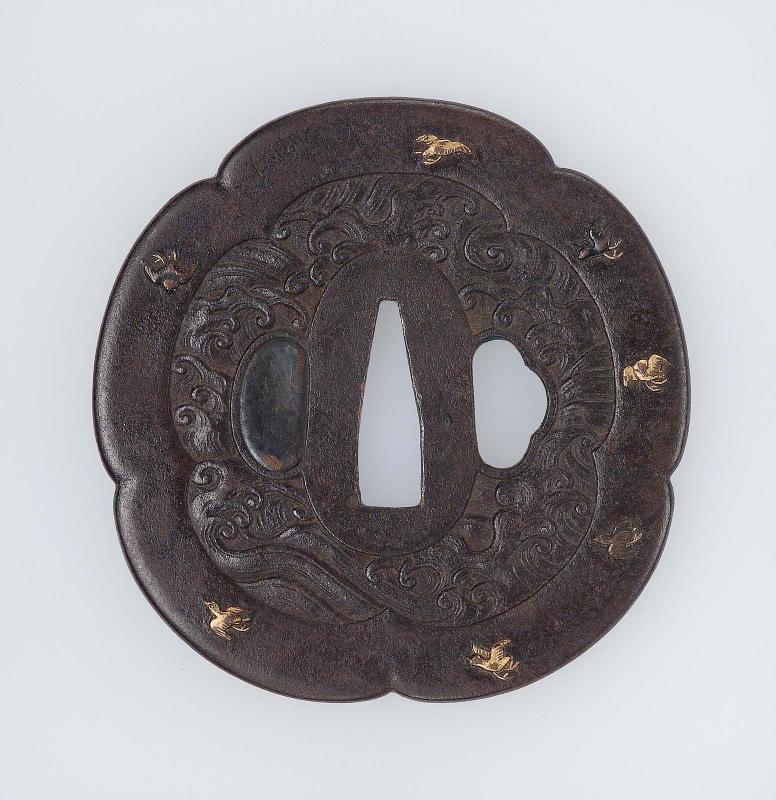 Tsuba with design of chidori and waves