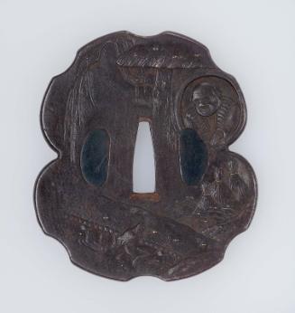 Tsuba with design of peasant, rice-stooks and foxes