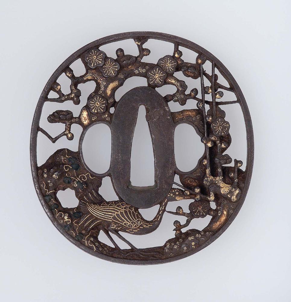 Tsuba with design of crane, plum and pine