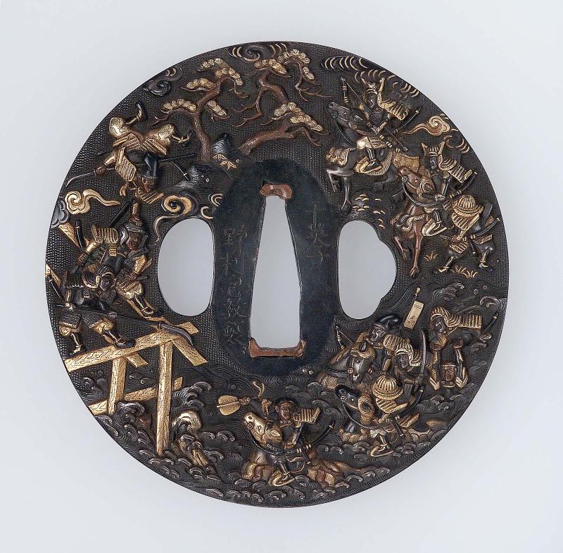 Tsuba with design of a battle scene: Naozane and his son Kojiro fighting the soldiers of the Taira from the remains of the Uji bridge
