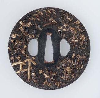 Tsuba with design of a battle scene: Naozane and his son Kojiro fighting the soldiers of the Taira from the remains of the Uji bridge