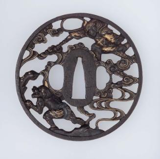 Tsuba with design of Idaten chasing an oni who has stolen his reliquary