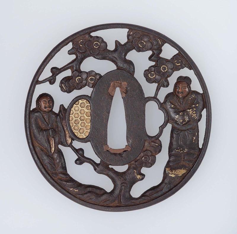 Tsuba with design of Chinese scholar and attendant under a plum tree
