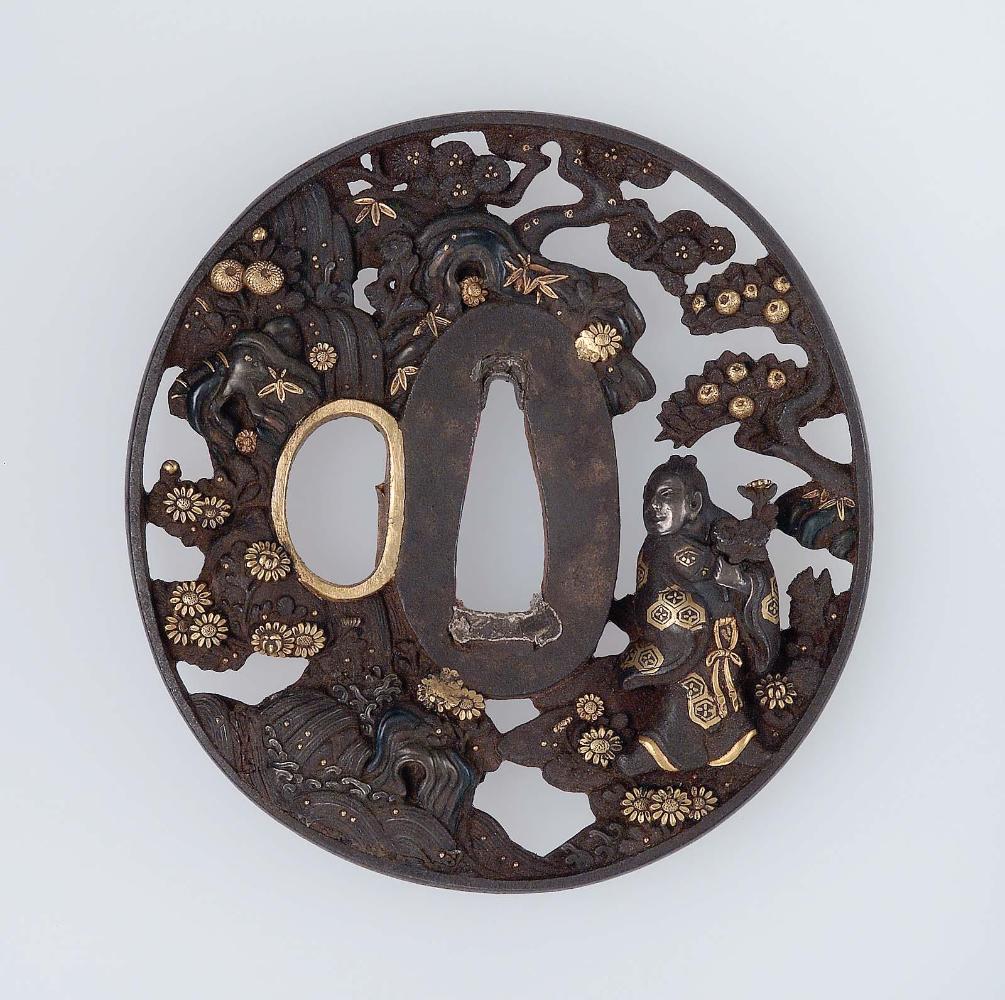 Tsuba with design of Kikujido gathering chrysanthemums