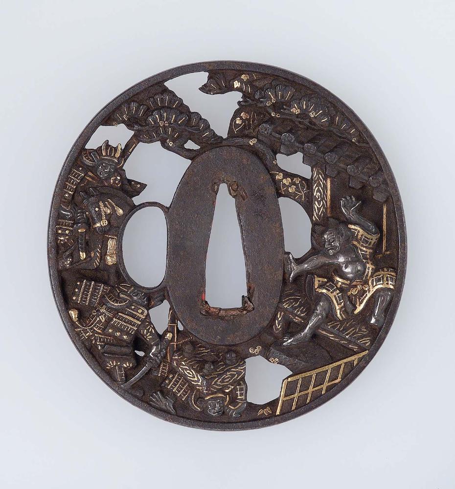 Tsuba with design of Tadanobu defending himself with a go board