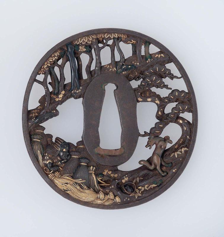 Tsuba with design of ronin, rice-stooks, fox and pine tree