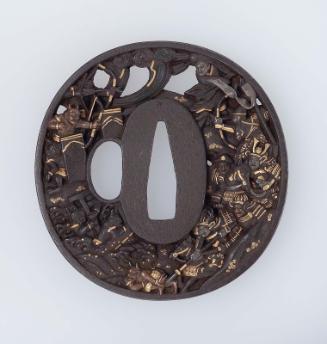 Tsuba with design of a fight between samurai and oni