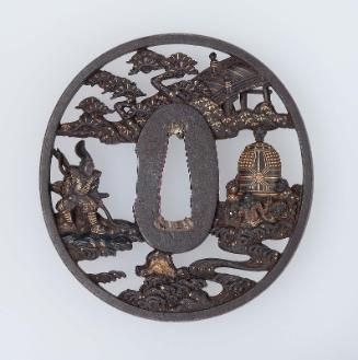 Tsuba with design of Tawara Toda Hidesato watching servants of the Dragon King raising a bell from the deep