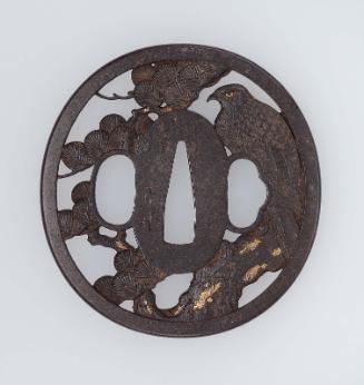 Tsuba with design of hawk in a pine tree