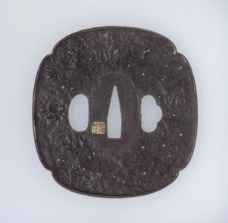 Tsuba with design of chrysanthemums and dewdrops