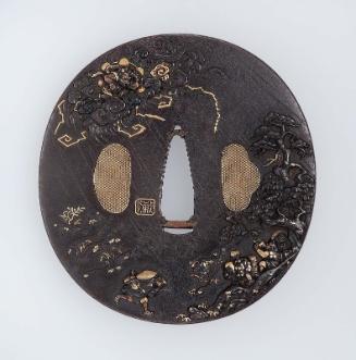 Tsuba with design of figures caught in a thunderstorm