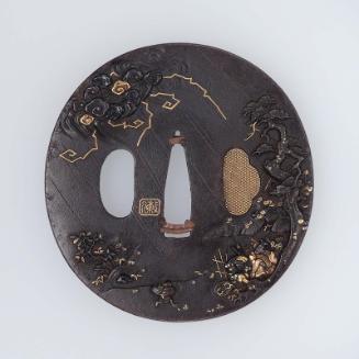 Tsuba with design of figures caught in a thunderstorm