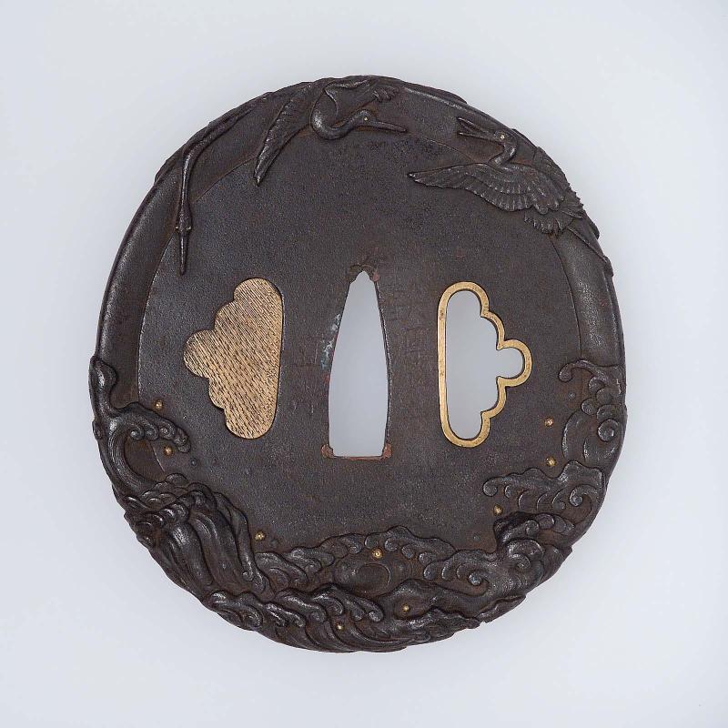 Tsuba with design of cranes and waves