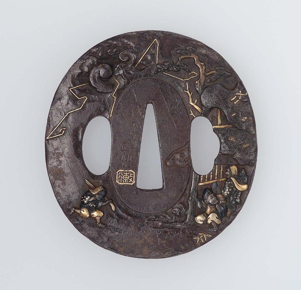 Tsuba with design of travelers running for shelter from a storm