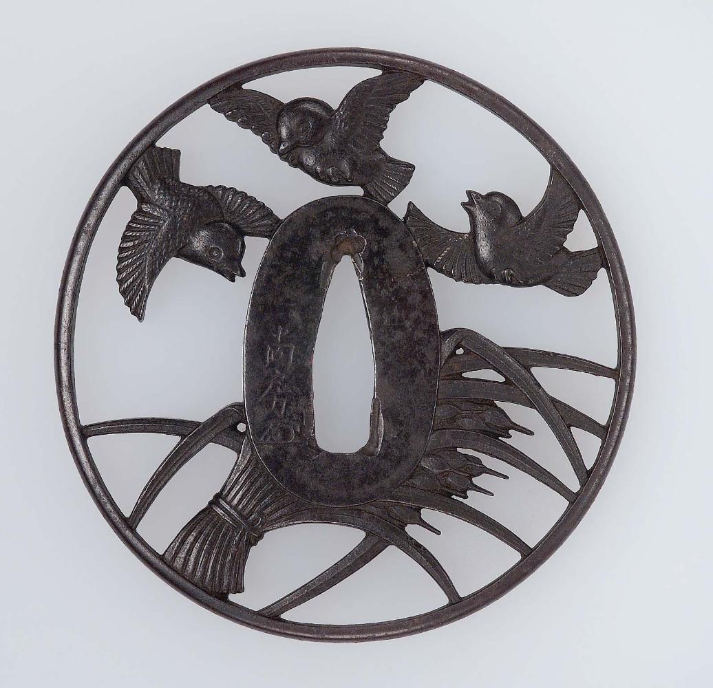 Tsuba with design of sparrows and rice-stook