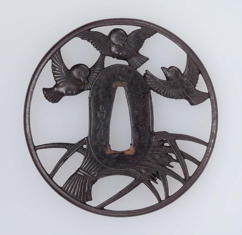Tsuba with design of sparrows and rice-stook