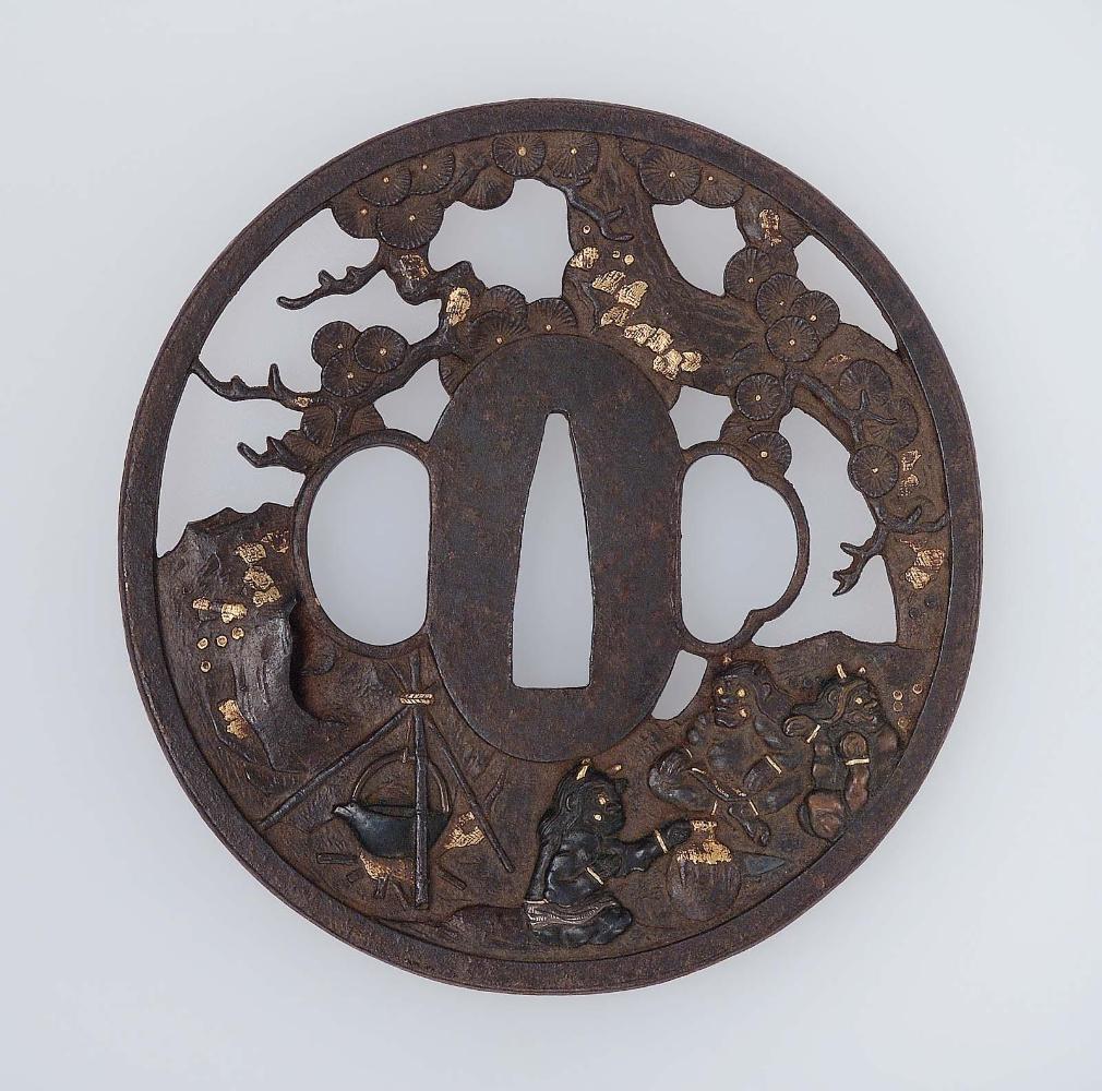 Tsuba with design of oni preparing a meal at camp