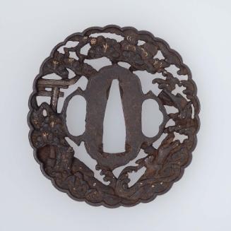 Tsuba with design of hares, waves and torii