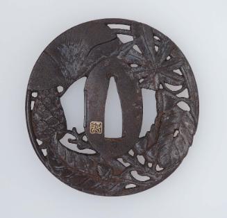 Tsuba with design of oak, gingko and maple leaves and pine-cones