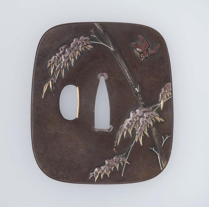 Tsuba with design of sparrows and bamboo