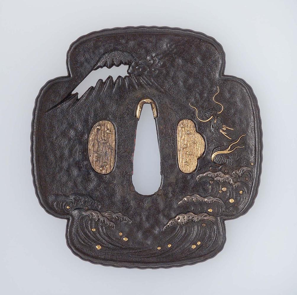 Tsuba with design of Fuji, waves and dragon