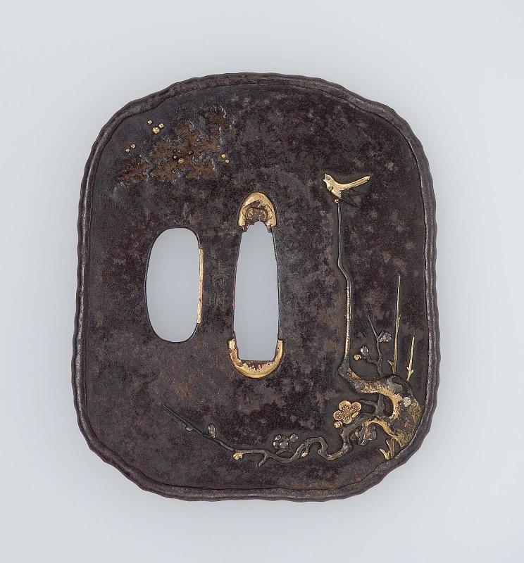Tsuba with design of warbler on a plum branch