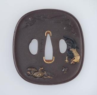 Tsuba with design of cockerel and chicken